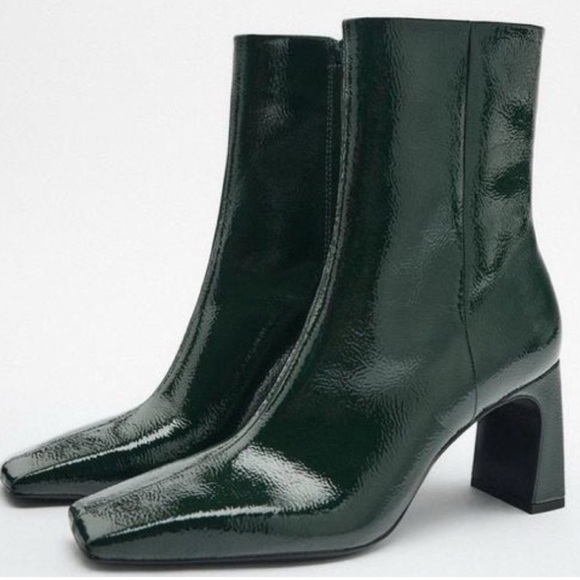 Zara Women’s Green Heeled Square Toe Faux Patent Leather Ankle Boots U.S. Sz 9 - Picture 1 of 15